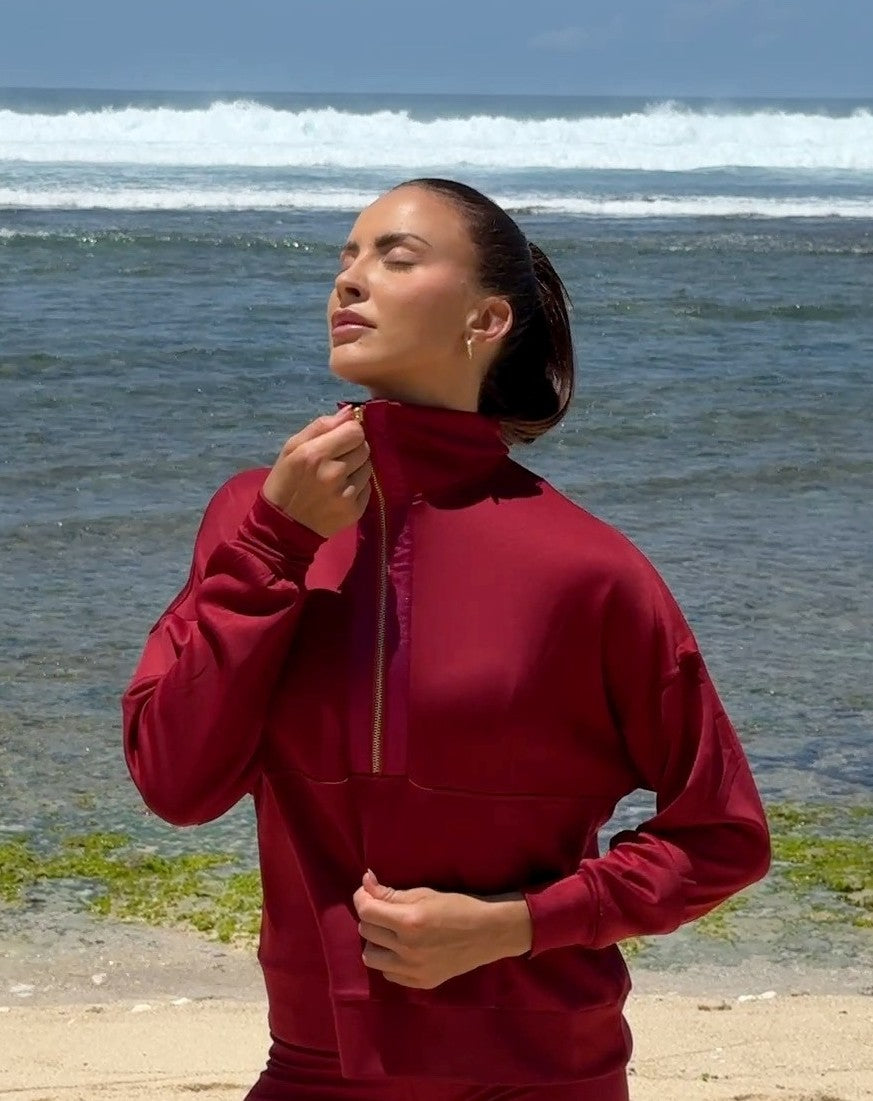 LUMI SATIN LINED HALF ZIP DARK CHERRY
