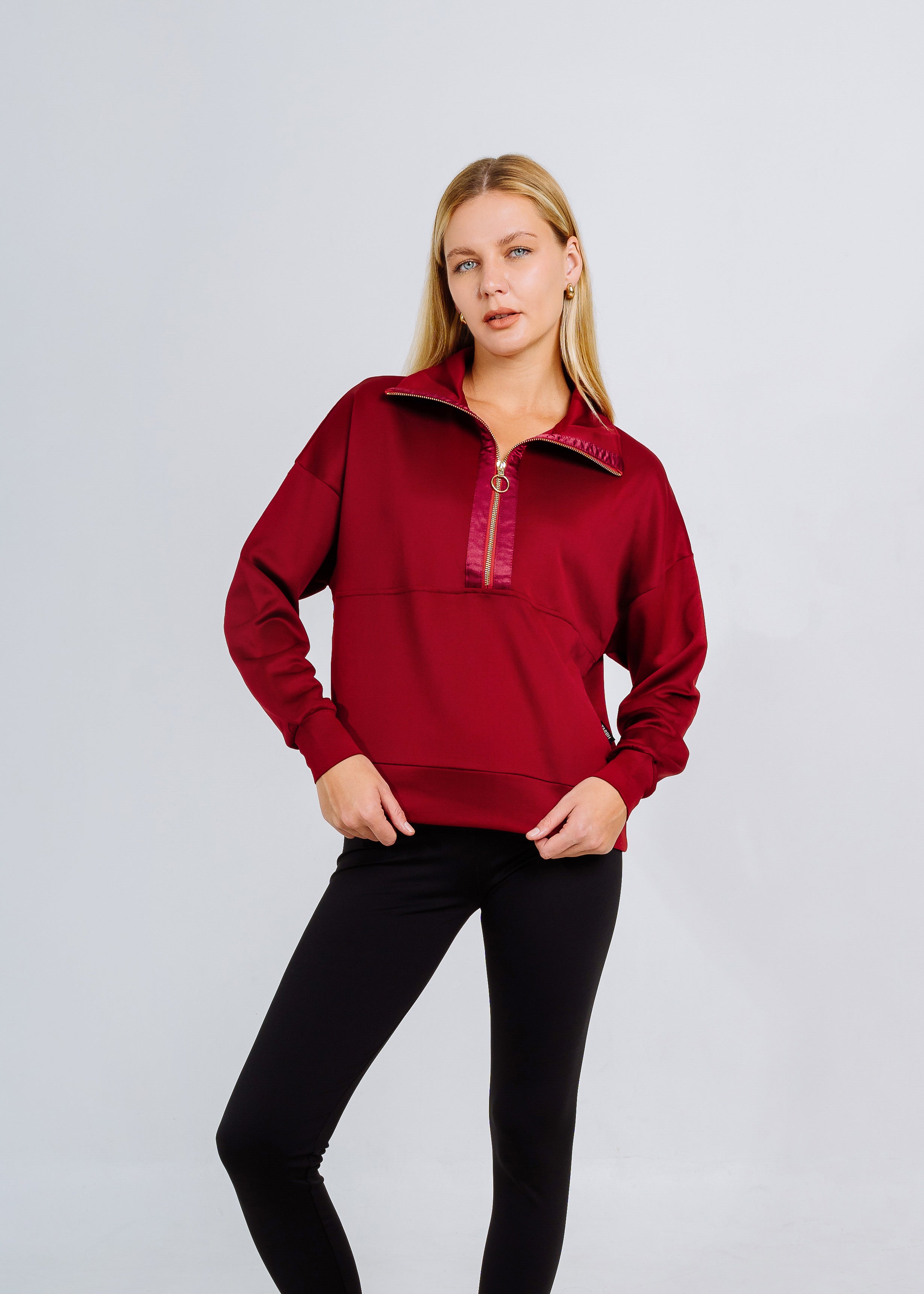LUMI SATIN LINED HALF ZIP DARK CHERRY