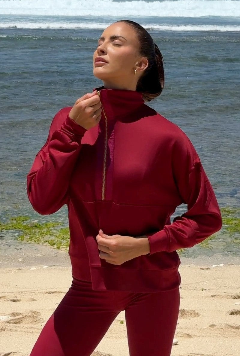 LUMI SATIN LINED HALF ZIP DARK CHERRY
