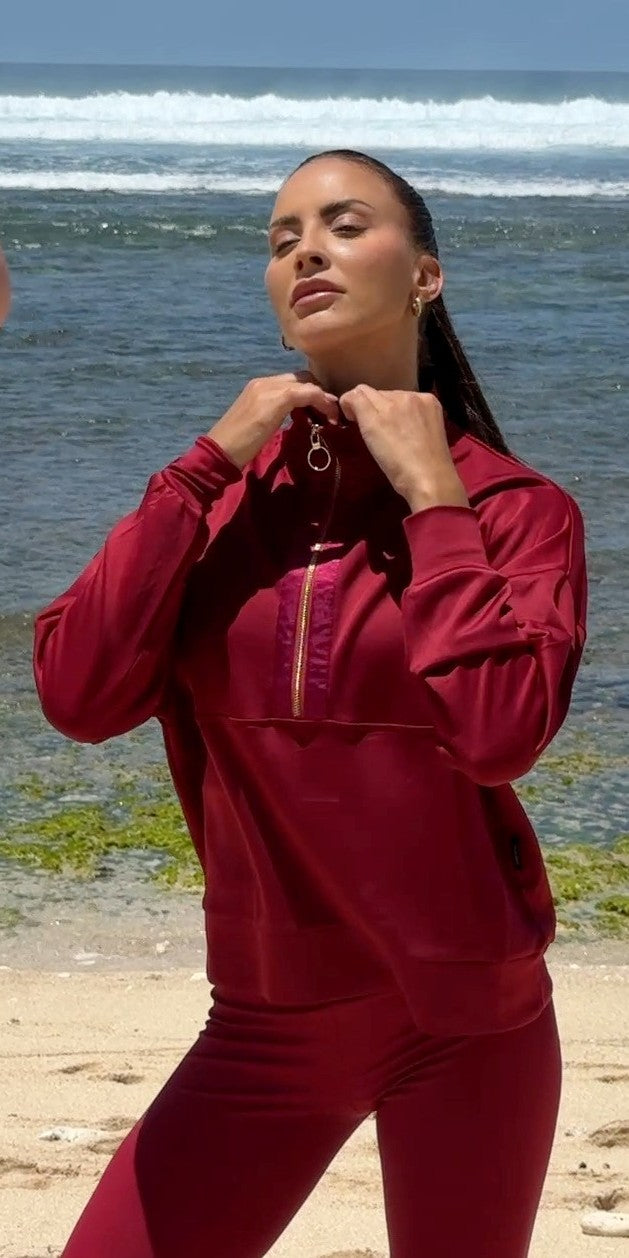 LUMI SATIN LINED HALF ZIP DARK CHERRY